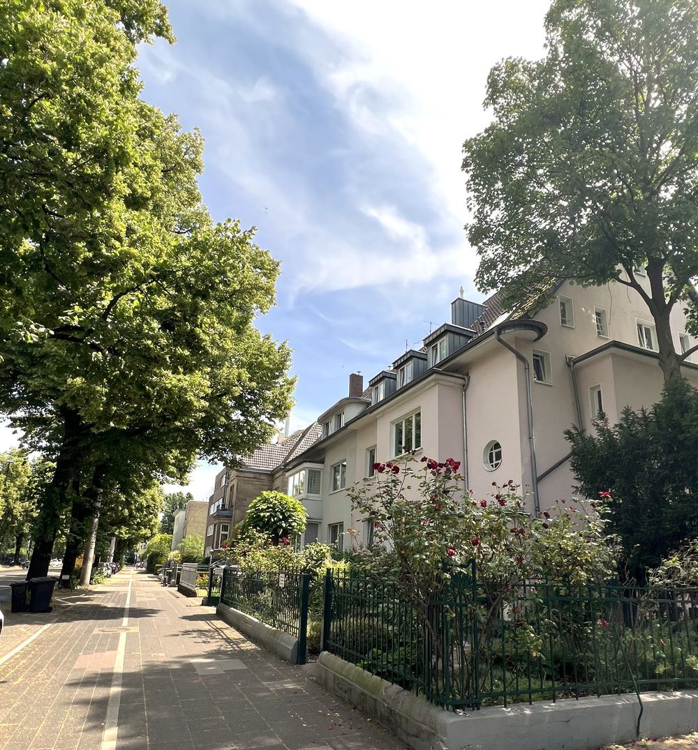 Die Praxis liegt in Köln-Lindenthal direkt am Stadtwald Baumbestandene Dürener Straße in Köln-Lindenthal am Stadtwald, Blick auf das Praxishaus
